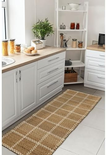 Modern Style Rugs Natural Jute Check Rug, Hardwearing Durable Jute Suitable for Bedroom, Living Room, Hallway, Bathroom, Lounge, Office Runner Rug - 60x180cm