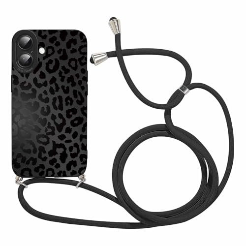 Coalbooliy Coque avec Cordon pour iPhone 16 6,7 avec Motif Noir Imprimé Léopard Case, Aesthetic Silicone Étui Collier Réglable Corde Cover Souple TPU Antichoc Housse Protection pour Femmes, 03