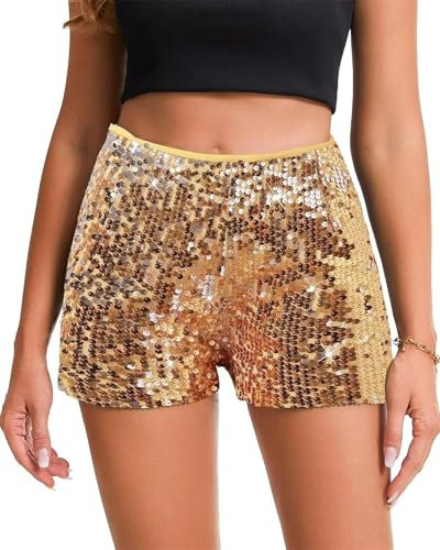 LLECDASEUI Pailletten Shorts Für Frauen, Glitzernd Gerades Bein Kurz Glitzer Glitzernde Hot Pants Solide Party (S,Gold)
