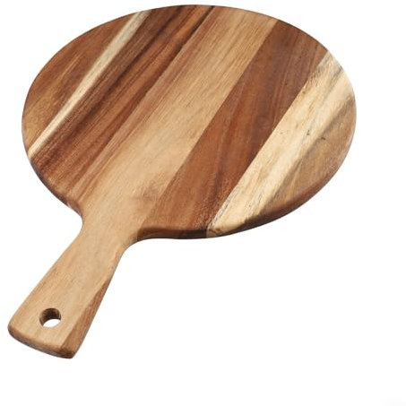 HOHOVYVY Pizza Board, Wooden Board, Round, Pizza Tray Made of Acacia Wood, Round Chopping Board with Handle, 40.6 cm