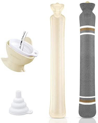 Homewit Wärmeflasche mit Bezug,Lange Wärmflasche Groß,2 Liter Schlauch Wärmflasche 73 x 13cm für Taille und Schulter,Nackenwärmflasche (Graue Streifen)