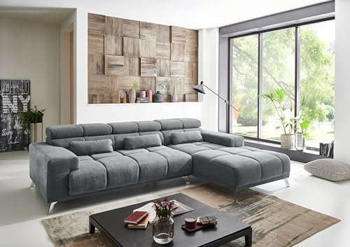 möbelando Wohnlandschaft >Starlett< in grau, Ottomane rechts, elektrische Sitztiefenverstellung, Metallfüße Chrom, Nosagunterfederung, Bonellfederkern, inkl. 3 Zierkissen, 285x79-99x201 cm (BxHxT)