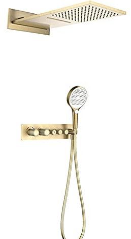 Shower Head Système de Douche à Effet de Pluie, Grande Pomme de Douche à Effet de Pluie avec douchette à Main, Ensemble de Robinet de Douche thermostatique Mural, Laiton Massif, Or brossé, Pistolet