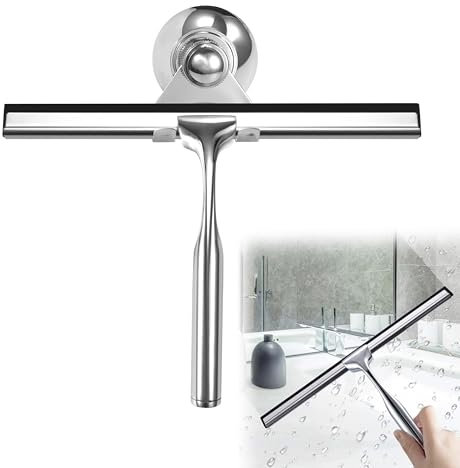 Raclettes de Douche en Acier Inoxydable Raclette en Silicone 25cm avec Support Ventouse pour Douche Fenêtre Verre Porte de Douche Argenté