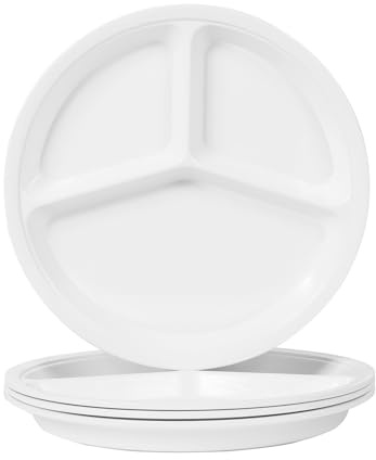 molidiki Lot de 4 assiettes divisées de 25,4 cm, assiettes de contrôle des portions, assiettes bariatriques réutilisables, assiettes à 3 compartiments, assiettes blanches pour repas équilibrés,