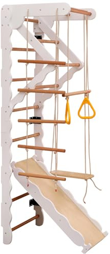 6-in-1 Multifunktions-Klettergerüst, Sprossenwand, Klettergerüst, mit Rutsche, Schaukel, Leiter, Klettergerüst, Klimmzugbereich, Ringe, Sperrholz, Massivholz, Buche