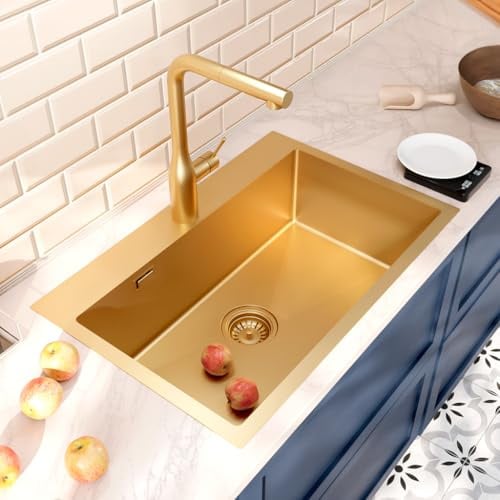 Ceramia Timeless - Fregadero de Cocina Bajo Encimera 68x45 cm | Acero Inoxidable 304 | Acabado PVD Dorado Cepillado | 1 Cubeta | Fácil Instalación
