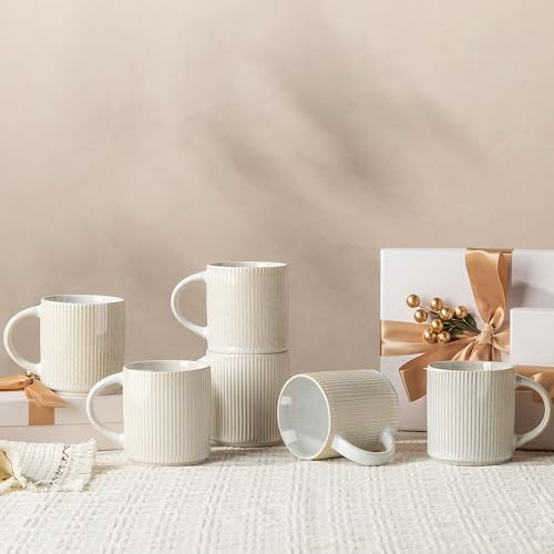 GBhome Steingut Kaffeetassen 6 Pers. 350 ml, Kaffeetassen mit großem Henkel für Latte, Cappuccino, Milch, Kakao, spülmaschinen- und mikrowellengeeignet, Beige