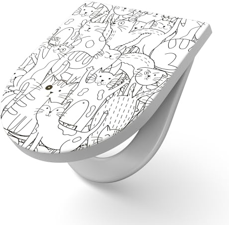 DEQORI Asiento de inodoro con diseño de gatos cómicos | Asiento de inodoro en color blanco de Duroplast | Formato 36,4 x 45,4 cm – antibacteriano para inodoro en forma de D con tapa – Fácil de limpiar