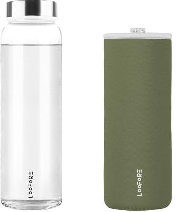 LOOFORE Glass Water Bottle 1000ml 1L with Wide Mouth and Neoprene Sleeve | Reusable, Bpa Free, Eco Friendly, Leakproof, Borosilicate Glass Drinking Bottle for Fitness, Sports & Workout, Daily, 1 Pack