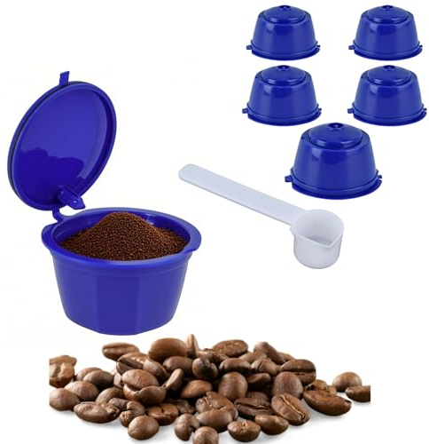 Vibrivio 5 Piezas Cápsulas de Café Reutilizables,Filtros de Café Recargables 50ml con Cuchara,Nescafé Dolce Gusto, Filtro Permanente de Acero Inoxidable 304 Sin BPA, Azul Real