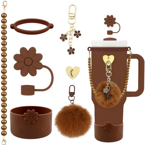 Hpebl 7PCS Dark Brown Flower Charms Accessories for Stanley Cup 30/40 OZ