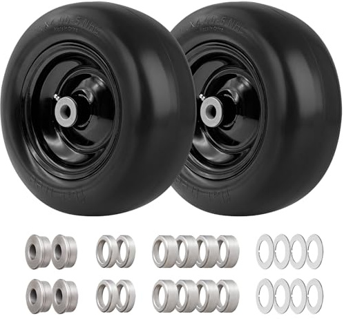 RRQ 11x4.00-5 Lawn Mower Tires Flat Free, Fit Zero Turn Front Tires, 2-Pack | 11x4-5 Solid Smooth Front Tire, 3.4 Centered Hub, 3/4 & 5/8 Bushing, 350 Lbs Load, for Zero Turn Mower and Garden Tractor