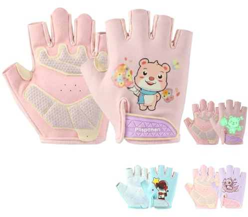 FYting Gants Moto Enfant,Gants Velo Enfant,avec Motif Qui Brille dans Le Noir,Gant Moto Mitaine sans Doigts en Soie Glacée, avec Rembourrage, pour Sports de Plein Air,éducation Physique(Ours Rose S)