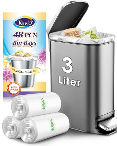 Teivio 3 Liter Small Bin Bags 48 Counts Pedal Bin Liners, Plastic Waste Bags for Bathroom, Kitchen, Office, Fit 0.8-1 Gal Mini Rubbish Bin, Clear