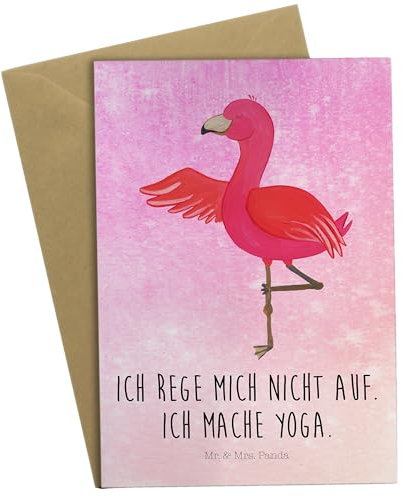 Mr. & Mrs. Panda Grußkarte Flamingo Yoga - Geschenk, Hochzeitskarte, Rosa, Geburtstagskarte, Ansichtskarten, Entspannung, Glückwunschkarte, Aufregen,