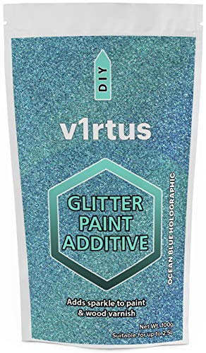 v1rtus Glitter Paint Additive - Ocean Blue Holographic | Metallic Flakes for Adding Sparkle to Paints & Wood Varnish | Add to Emulsion, Acrylic & Latex for Indoor Sparkly Walls | 100 g