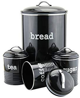 EHC Set of 4 Round Tea, Coffee & Sugar With Bread Bin Storage Canisters Jars, Black