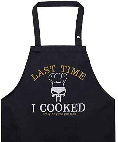 EXPRESS-STICKEREI Schürze lustig mit Spruch Last Time I COOKED hardly anyone got sick Kochschürze für Damen/Männer verstellbar - Grillschürze für Grillmeister Küchen-Schürze Herren Grillfans