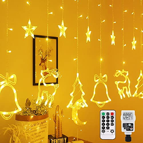LED Lichterkette Lichtervorhang 2.5M 138 LEDs Strom Sterne & Weihnachtsmuster Deko mit Merkfunktion, Timer, Fernbedienung 8 Modi Für Innen Außen, Weihnachten, Party, Hochzeit, Garten, Balkon, Fenster…