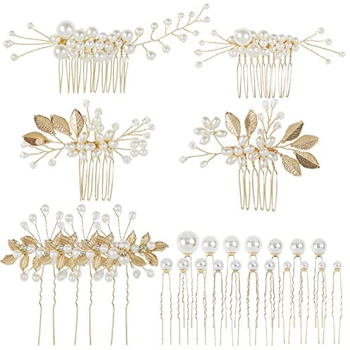 Cinaci 25 Pack Glitter Gold Rhinestone Pearl Leaf Flower Metal Bridal Wedding Hair Side Combs Slides+U-shaped Hair Pins Clips Barrettes Headpieces Accessories for Women Girls Brides Bridesmaids
