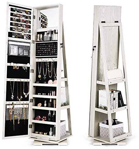 RELAX4LIFE Armoire a Bijoux Pivotante à 360º, Armoire a Bijoux avec Miroir sur Pieds, Verrouillable à Clés, 3 Étagères de Rangement, Miroir Bijoux sur Pieds (Blanc)