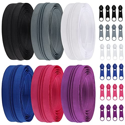 DOITEM Endlos Reißverschluss Set mit Zipper 5mm 12 Meter Inklusive 24 Metall Schieber für Kleidung Tasche Mäppchen Bettwäsche, 6 Farben