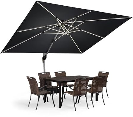 PURPLE LEAF Sombrilla de Jardín 2.7x3.65 m con LED, Poste de Aluminio con manivela giratoria 360°, basculante UV 50+, para exterior Piscina Jardín Terraza, gris