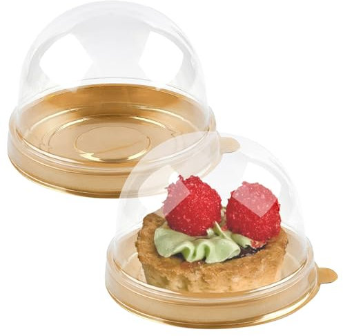 TOFLEN Mini Dessert Containers with Dome Lids, 100Pcs Clear Plastic Individual Oreo Cookie holder, Small Cake Box for Mini Cupcake, Cocoa Bomb, Strawberry, Cheesecake and Mooncake (Gold Base)