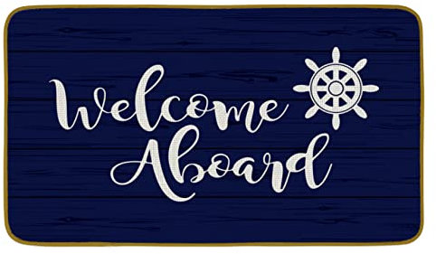 Burosev Welcome Aboard Steering Wheel Nautical Theme Decorative Doormat, Navy Blue Boat Floor Mat, Rustic Welcome Aboard Farmhouse Decor for Home Indoor Outdoor Front Porch Door Mat (17 x 30 Inch)