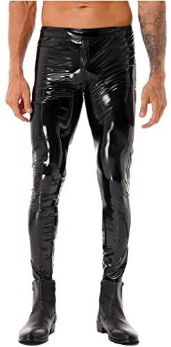 MSemis Herren Lack Leder Hose Pants Wetlook Leggings Skinny mit Reißverschluss Elastisch Lackoptik Lederhose Slim Fit