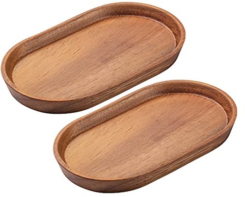 Vandroop Mini Tablett Holz Kleines Serviertablett, Oval Deko Tablett 20x12cm, Servierteller Holztablett für Küchen-Set, Salz- und Pfefferstreuer, für Kaffee und Tee (Akazien Holz - 2 Stück)