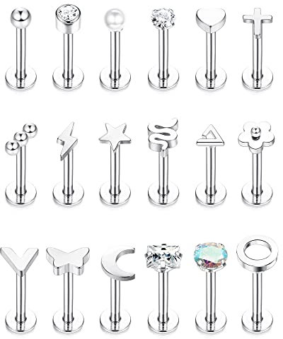 JeryWe 18Pcs 16G Lippenpiercing Stud Set Chirurgenstahl für Damen Herren Labret Piercing Stecker Ohrring Tragus Helix Conch Knorpel Piercing Ohr Labret Piercing Innengewinde 8mm Silber