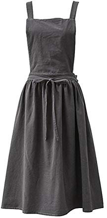 SANGOGO Baumwolle Leinen Schürzen Einfarbig Japanischer Stil Kreuz Zurück Schürze Retro Literatur Kunst Blumenladen Kleidung für Damen Küche Kochschürzen (grau)