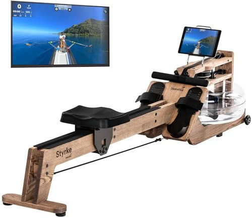 Skandika Wasserrudergerät Styrke Premium | Made in Germany, Rudergerät Wasser aus Holz, Kinomap App-Funktion, Rudermaschine für Zuhause, Massive Esche aus Deutschland, naturnahes Rudern, bis 180 kg