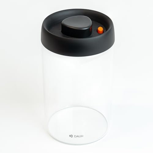 DAUH Vacuum Container | Airtight Sealed Canister - Stackable Food Storage - Coffee Bean Storage – Large Glass - Black - 1.2L