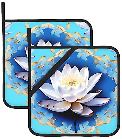 Asiatische Lotu's Blumentopflappen, 2er-Set, rutschfeste Hot Pads für die Küche, Topflappen zum Kochen, Backen, Grillen, Grillen