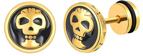 INFINIONLY Herren Edelstahl Ohrringe Damen Runde Totenkopf Ohrstecker Mode Kreative Edelstahl Ohrstecker Halloween Ohrringe, Gold
