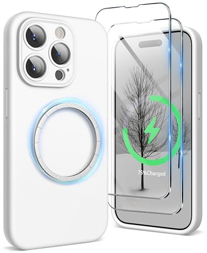 SURPHY Magnetic Case for iPhone 15 Pro Max Case with Screen Protector, Liquid Silicone Anti-Scratch Compatible with MagSafe Gel Rubber Phone Case for iPhone 15 Pro Max 6.7 inch, White