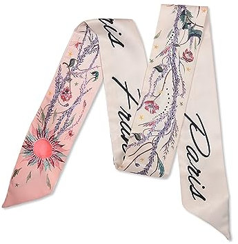 LumiSyne Skinny Seidenschal Damen Mädchen Schmale Lange Halstuch Blume Druck Buchstaben Muster Romantisch Künstlerisch Stil Satin Ribbon Seidentüch Krawatte Kopfschmuck Haarschal Handtasche Griffband