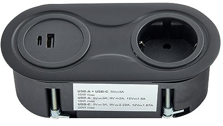 SOTECH Prise encastrable (1 x port USB / 1 x port USB-C / 1 x prise Schuko) élément de prise ovale noir avec câble de connexion avec fiche pour plans de travail
