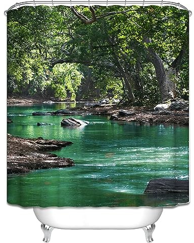 Lieson Grey Green Shower Curtains for Bathroom, Polyester Bath Curtain Liner Fabric with Grommets Creek and Trees Scenery Bathroom Window Curtains with Hooks, 90x180CM