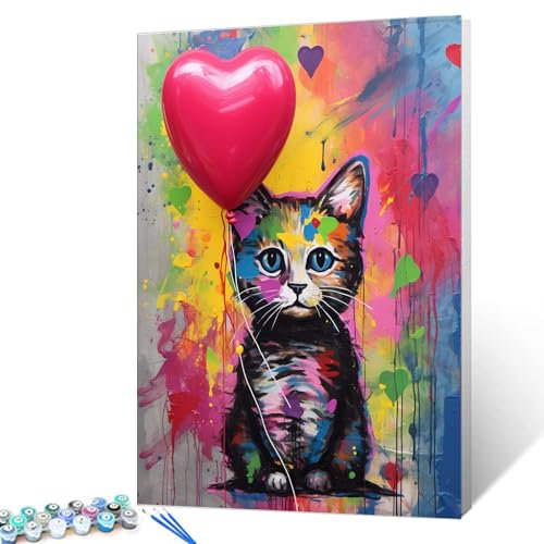 Tucocoo Niedliche Katze Ballon Malen nach Zahlen für Erwachsene, Graffiti DIY Ölgemälde Kits auf Leinwand mit Pinseln und Acrylpigment, Banksy Street Art Bild für Wohnkultur 40 x 50 cm (rahmenlos)