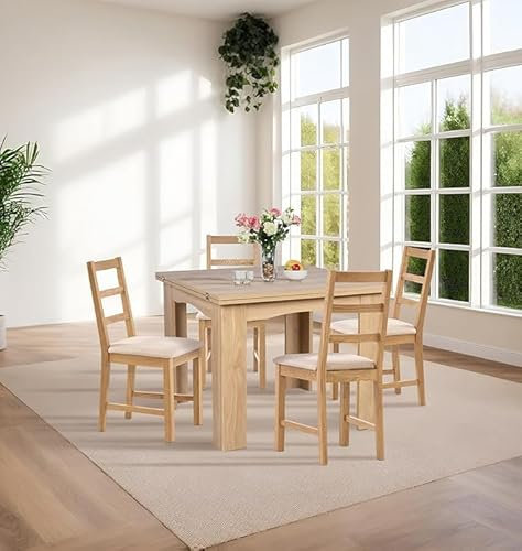 Hallowood Furniture Newquay Ausziehtisch aus Eichenholz mit Klappdeckel und 4 Stühlen mit Leiter-Rückenlehne, beigefarbene Sitzpolster, Esstisch und Stuhl-Set für Zuhause, Restaurant und Café