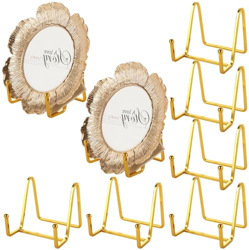 SHUESS 8 Pc Gold Iron Plate Stand - 3 Inch Metal Plate Holders for Easel Display and Picture Frame - Decorative Dish