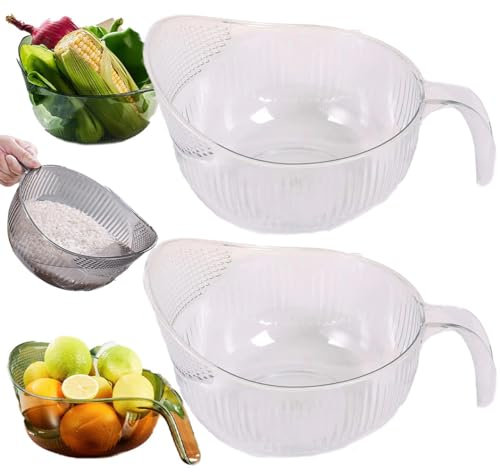 2 in 1 Rice Strainer, Vegetable Washer, Rice Washer Strainer Bowl, Multifunctional Drainer Basket, Fruit and Rice, Kitchen Utensils (Blanc 2pcs)