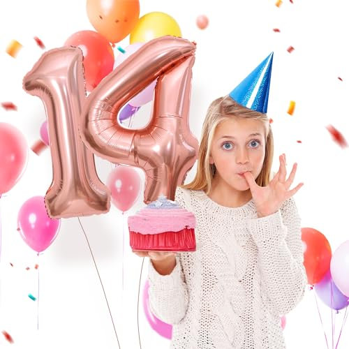 14 Geburtstag Deko zahlen luftballon 14 jahre | Folienballon Roségold - für 14. Geburtstagsdeko Männer Frauen Ballon Zahl Deko zum Geburtstag fliegt mit Helium 14.Geburtstagsparty 40-101cm