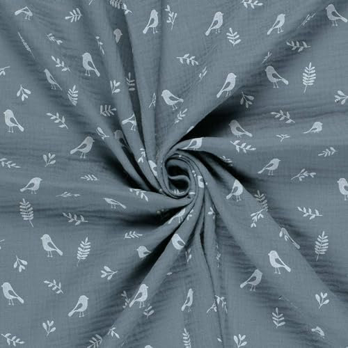 Musselin-Stoff Vögel ab 50x130cm 15 Farben Oeko-Tex Double Gauze Windeltuch Mulltuch, Farbe:106 - graublau