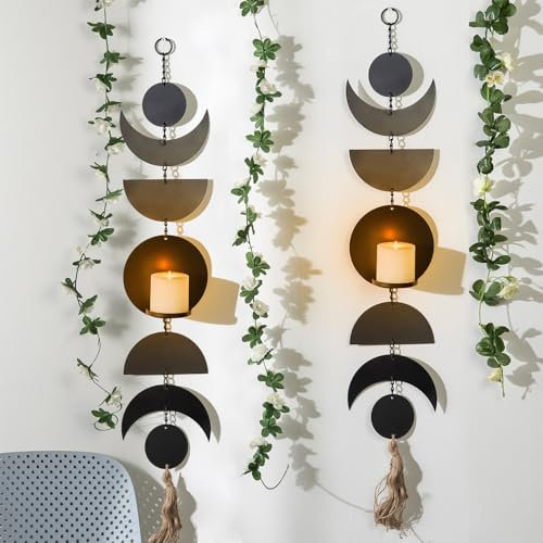 GAKA FAVOR Wandhalter für Kerzen, Schwarz Metall Wandkerzenhalter, Kerzenständer für Wandmontage, Groß Boho Hänge Wand Kerzenhalter Deko(2er Set)