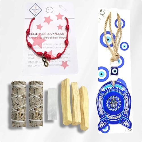 Kit de Limpieza Energética del hogar, Amuleto de la Suerte y Protección, Sahumerio Palo Santo y Salvia, Selerita, Pulsera de los 7 Nudos Roja. (Herradura)